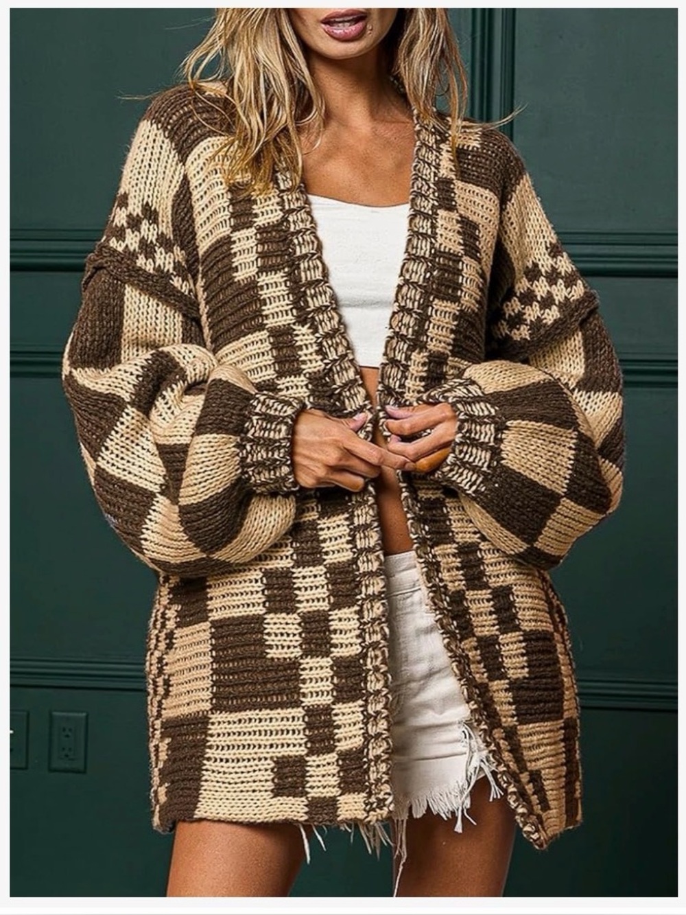 Cozy Checkerboard Open-Front Cardigan Sweater - Brown & Cream Medium
